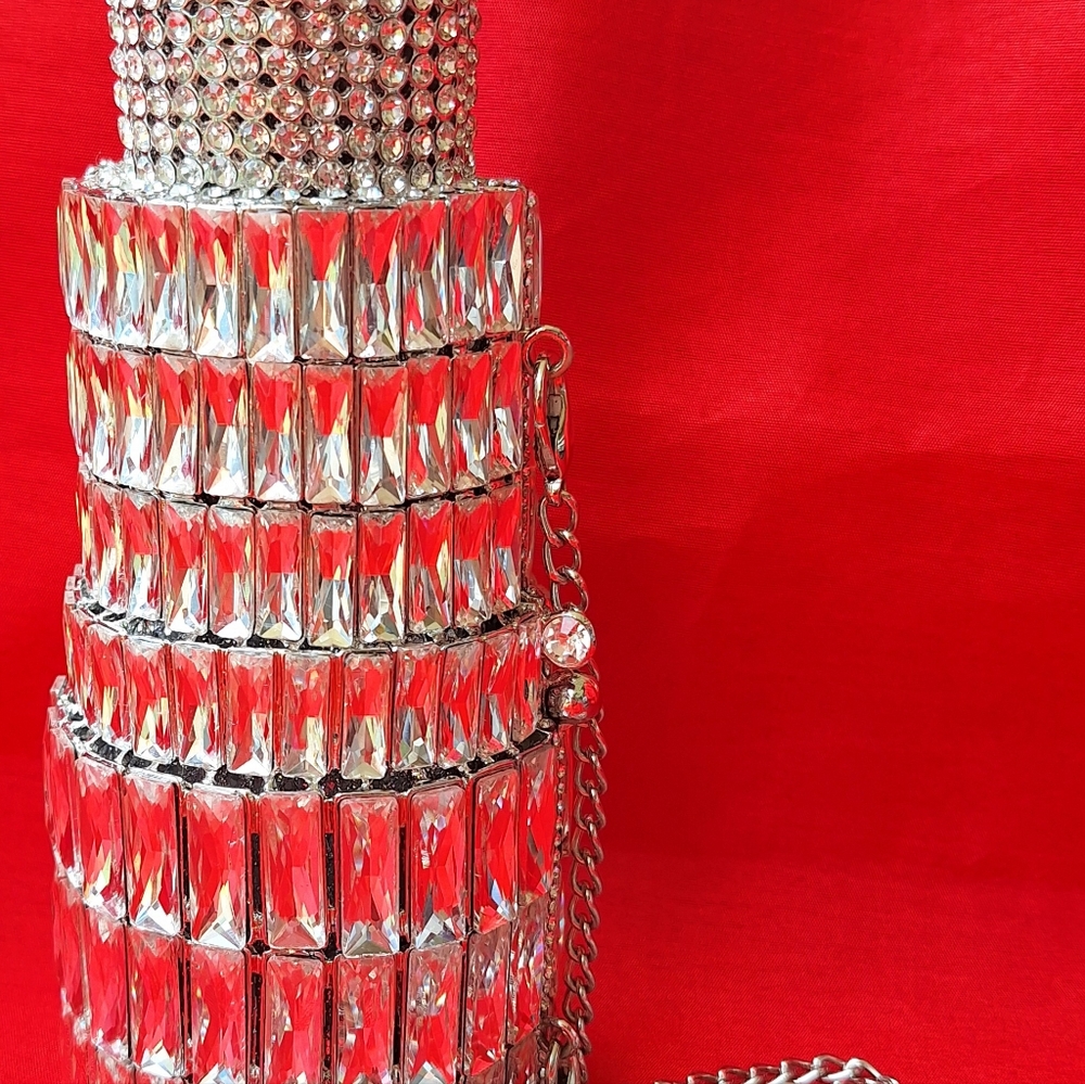 Crystal lipstick shape clutch.  Silver.